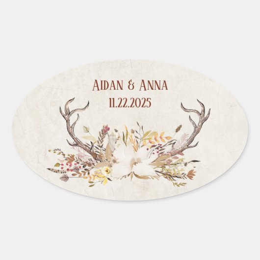 Deer antler en trouwbloemen ovale sticker (Voorkant)