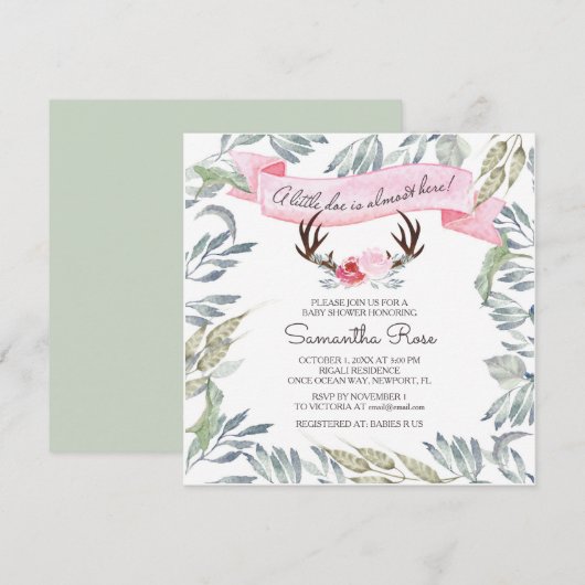 DEER ANTLER Girl Baby shower Invite - Square Kaart (Voorkant / Achterkant)