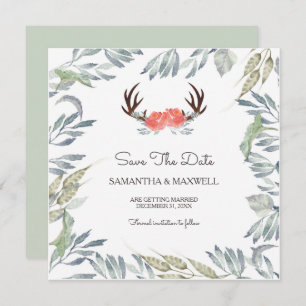 DEER ANTLER & Greenery Save the Date, Peach Flower Kaart