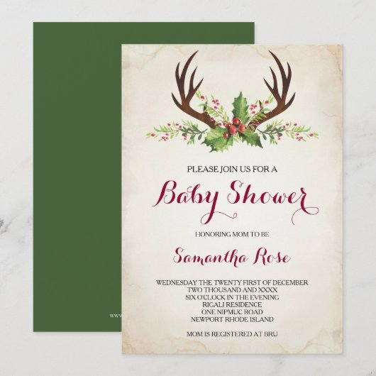 Deer Antler Invitation Baby shower - Noël (Devant / Derrière)