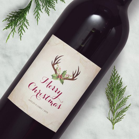 Deer Antler Vin de Noël Étiquette Rustique Boho