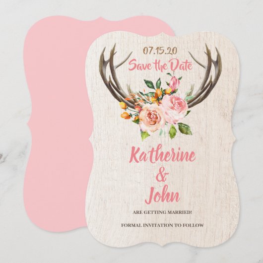 Deer Antlers Blush Rustic Floral save the date Kaart (Voorkant / Achterkant)