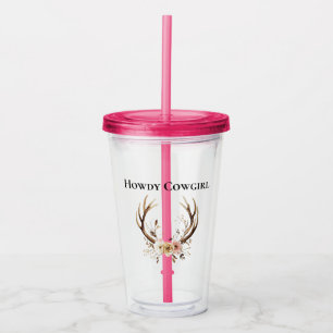 Deer Antlers Cowgirl Roze Bloemen Acryl Drinkbeker