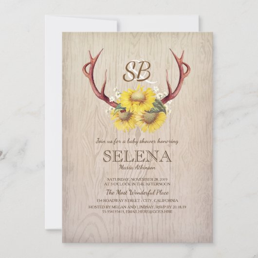 Deer Antlers en Sunflower Rustisch Baby shower Kaart (Voorkant)