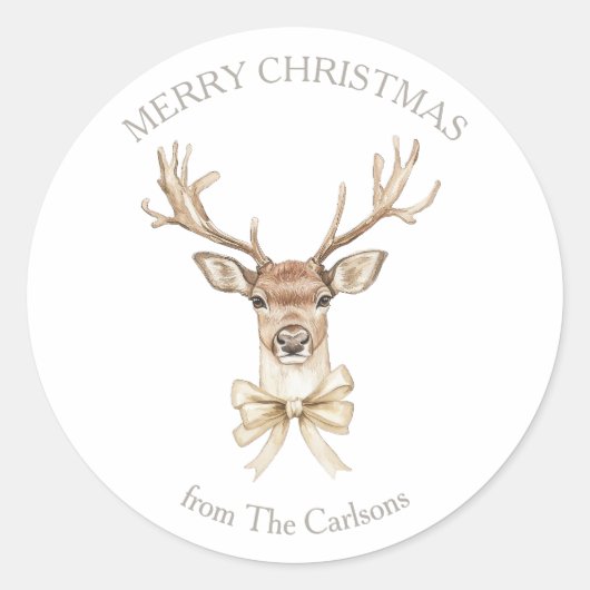 Deer Antlers Gold Bow Vrolijk Kerstfeest Ronde Sticker (Voorkant)