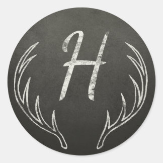 Deer Antlers Monogram Black en White Chalkboard Ronde Sticker