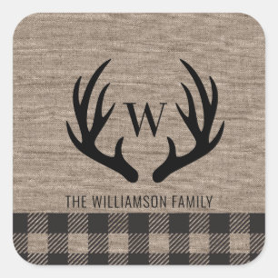 Deer Antlers Rustic Burlap Familienaam Vierkante Sticker