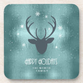 Deer Antlers Silhouette & Snowflakes Blauwgroen ID Bier Onderzetter (Voorkant)