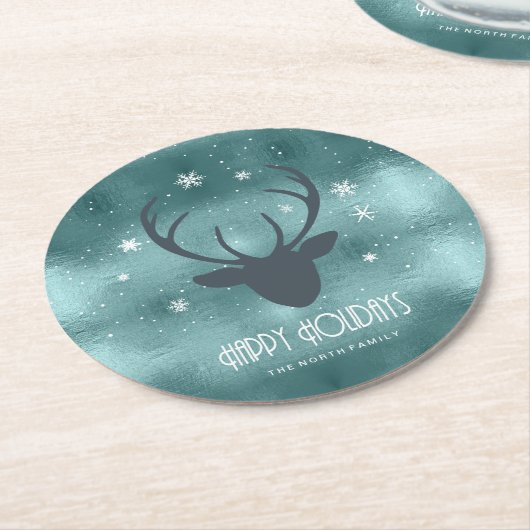 Deer Antlers Silhouette & Snowflakes Blauwgroen ID Ronde Kartonnen Onderzetter (Gebogen)