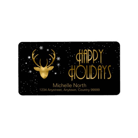 Deer Antlers Silhouette & Snowflakes Gold/Bl ID861 Etiket (Voorkant)