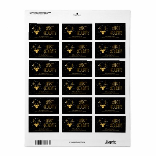 Deer Antlers Silhouette & Snowflakes Gold/Bl ID861 Etiket (Full Sheet)