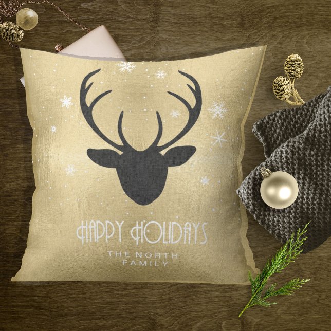 Deer Antlers Silhouette & Snowflakes Gold ID861 Kussen (Creator heeft geüpload)