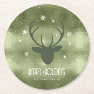 Deer Antlers Silhouette & Snowflakes Green ID861 Ronde Kartonnen Onderzetter