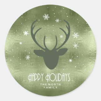 Deer Antlers Silhouette & Snowflakes Green ID861 Ronde Sticker
