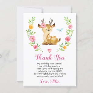 Deer Baby Girl First Birthday Party Doe Floral Bedankkaart