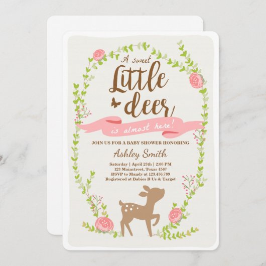 Deer baby shower call Woodland Girl roze Kaart (Voorkant / Achterkant)