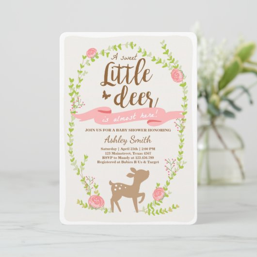 Deer baby shower call Woodland Girl roze Kaart (Staand voorkant)