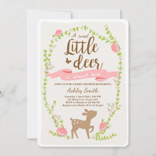 Deer baby shower call Woodland Girl roze Kaart (Voorkant)