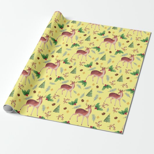 Deer blissful kerst yellow wrappaper cadeaupapier (Uitgerold)