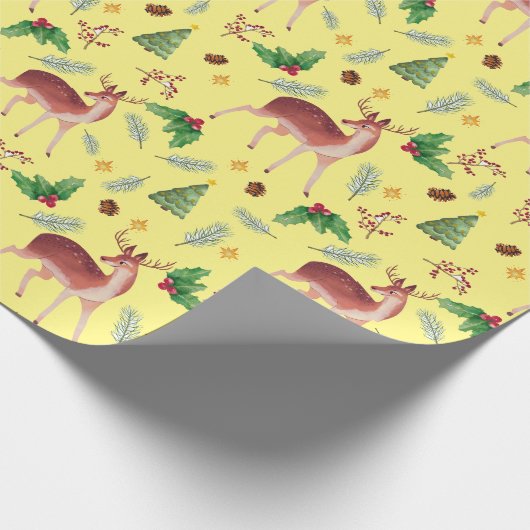 Deer blissful kerst yellow wrappaper cadeaupapier (Hoek)