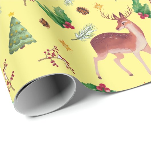 Deer blissful kerst yellow wrappaper cadeaupapier (Rol Hoek)