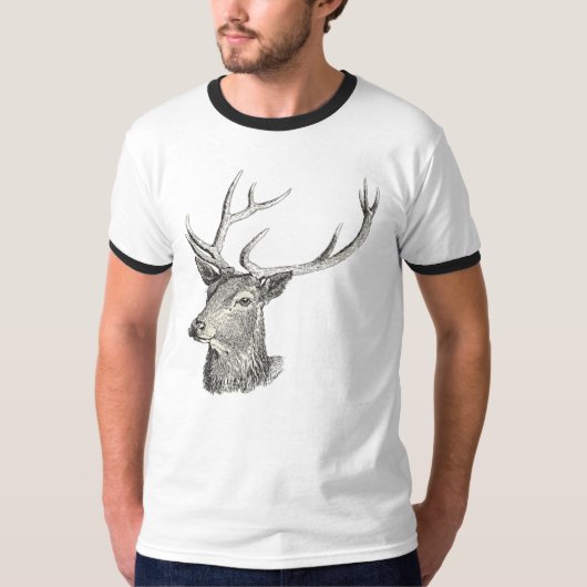 Deer Buck Head met gewei zwart-wit kunst T-shirt (Voorkant)