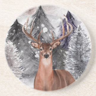 Deer Buck Waterverf Winter Forest Stone Onderzette Zandsteen Onderzetter