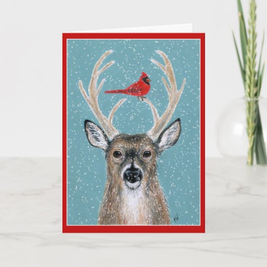 Deer, Cardinal, Neige, Noël Carte de vacances (Devant)