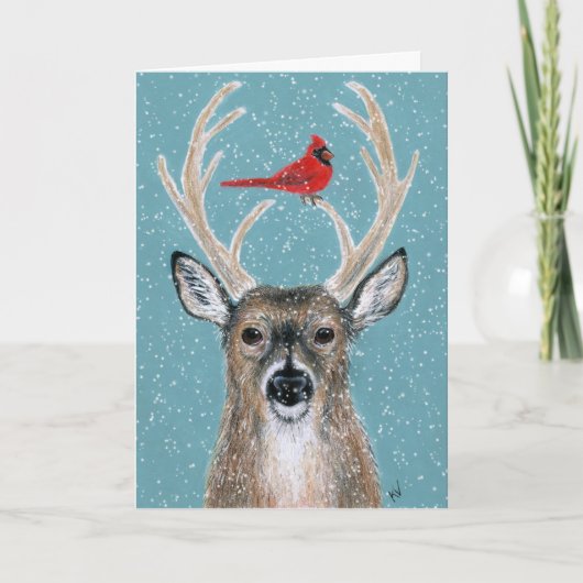 Deer, Cardinal, Neige, Noël Carte de vacances (Devant)