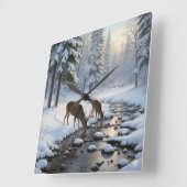 Deer drinking from a snow covered brook -  vierkante klok (Hoek)