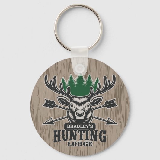 Deer Elk Hunter ADD-NAAM Bow Hunting Lodge Cabin Sleutelhanger (Voorkant)