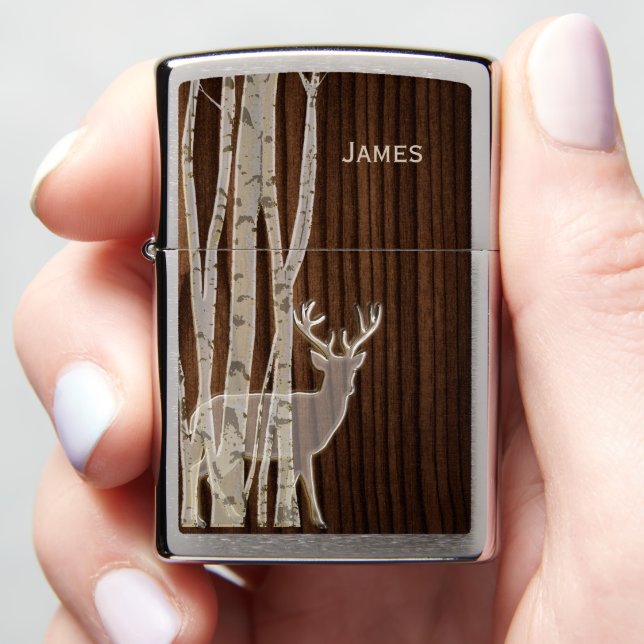 Deer en Birch Trees Zippo Lighter (In Hand)
