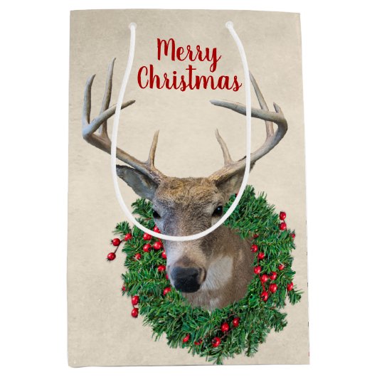 Deer en Kerstmis Wreath Medium Cadeauzakje (Voorkant)