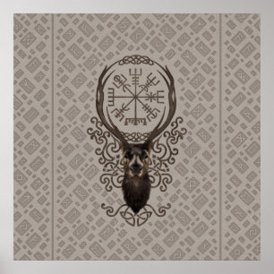 Deer en Vegvisir - Viking Navigation Compass Poster