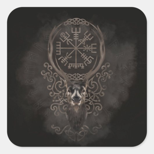 Deer en Vegvisir - Viking Navigation Compass Vierkante Sticker (Voorkant)