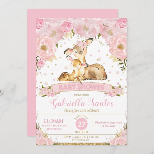 Deer Floral Baby shower Invitation fille (Devant / Derrière)