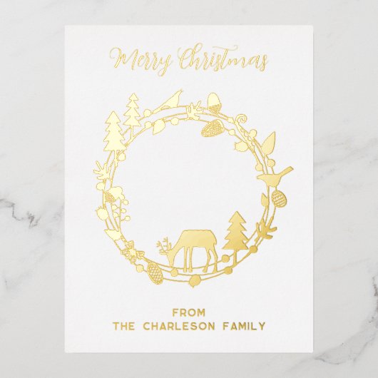 Deer Forest Wreath Holiday Real Foil Carte postale (Recto)
