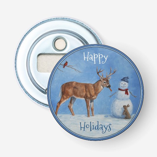 Deer & Funny Snowman Kerstmis Button Flesopener (Voorkant)