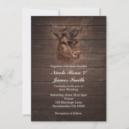 Deer Head & Dark Rustic Wood Wedding Invitations Kaart (Voorkant)