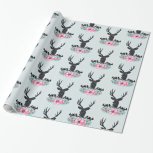 Deer Head met bloemen en bergen Blue Grey back Cadeaupapier