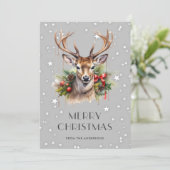 Deer Holly Stars Snowflakes Joyeuse carte de Noël (Debout devant)