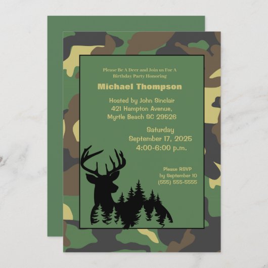 Deer Hunter Camouflage Birthday Uitnodiging (Voorkant / Achterkant)