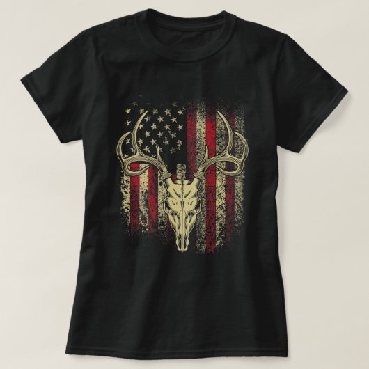 Deer Hunters Deer Skull op Amerikaanse vlag T-shirt (Design voorkant)