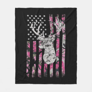 Deer Hunting Camo American Flag Pink Buck  Fleece Deken