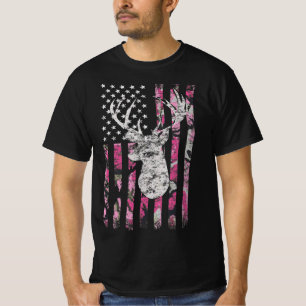 Deer Hunting Camo American Flag Pink Buck  T-shirt