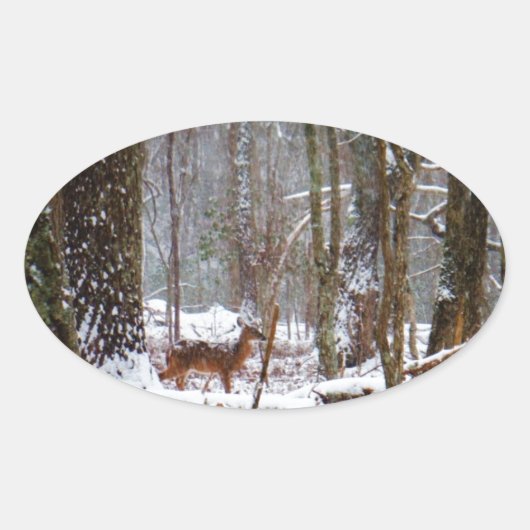 Deer in de sneeuwherfst ovale sticker (Voorkant)