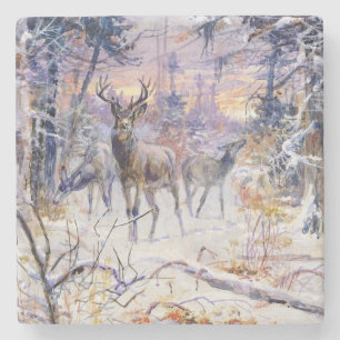 Deer in een sneeuwbos (winterseizoen) stenen onderzetter