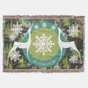 Deer in Evergreen Forest Holiday Throw Deken