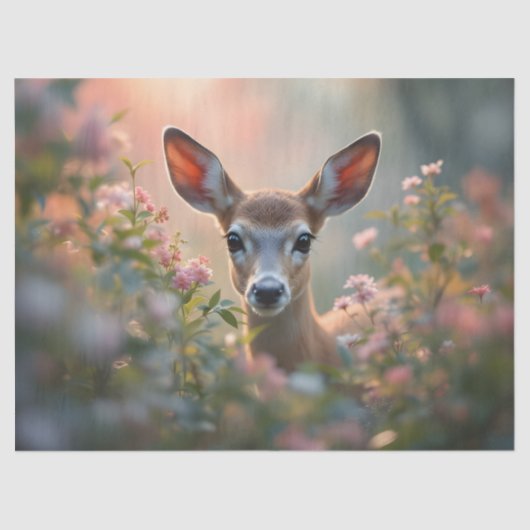 Deer in pink flowers close up tissuepapier (Voorkant)