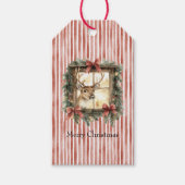 Deer in Window Red Stripes Bows Christmas Cadeaulabel (Voorkant)